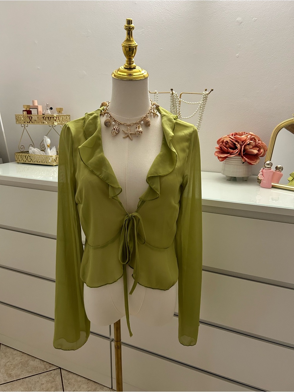 Olive Ruffle Tie-Front Sheer Blouse - Women